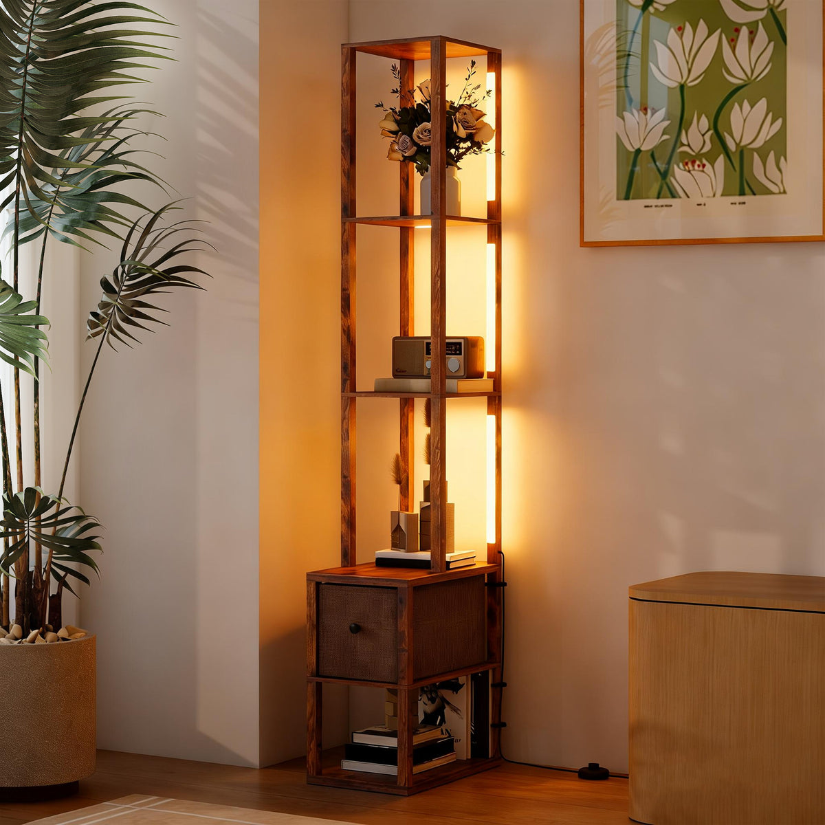 HOMCOM Floor Lamp with Shelves, LED Column Modern Standing Lamp with Fabric Drawer, Adjustable Brightness, Foot Switch for Living Room, Bedroom, Office, Rustic Brown