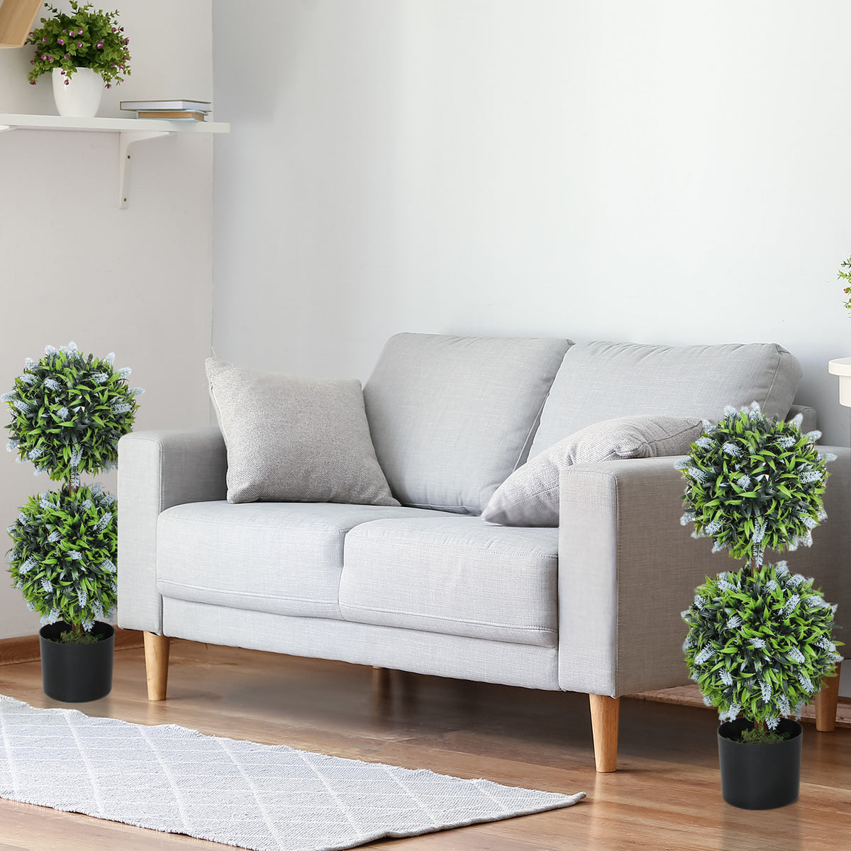 HOMCOM Set of 2 Artificial Plants, Lavender Flowers Ball Trees with Pot, for Home Indoor Outdoor Decor, 70cm