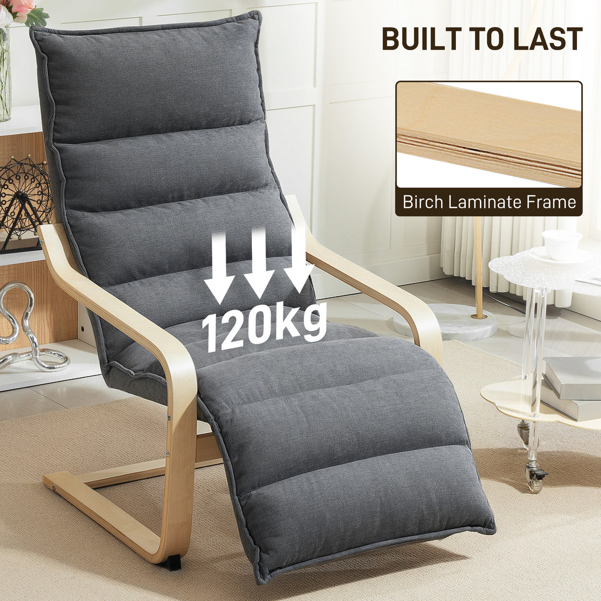 HOMCOM Curved Wooden Accent Chair, with Adjustable Footrest - Drak Grey