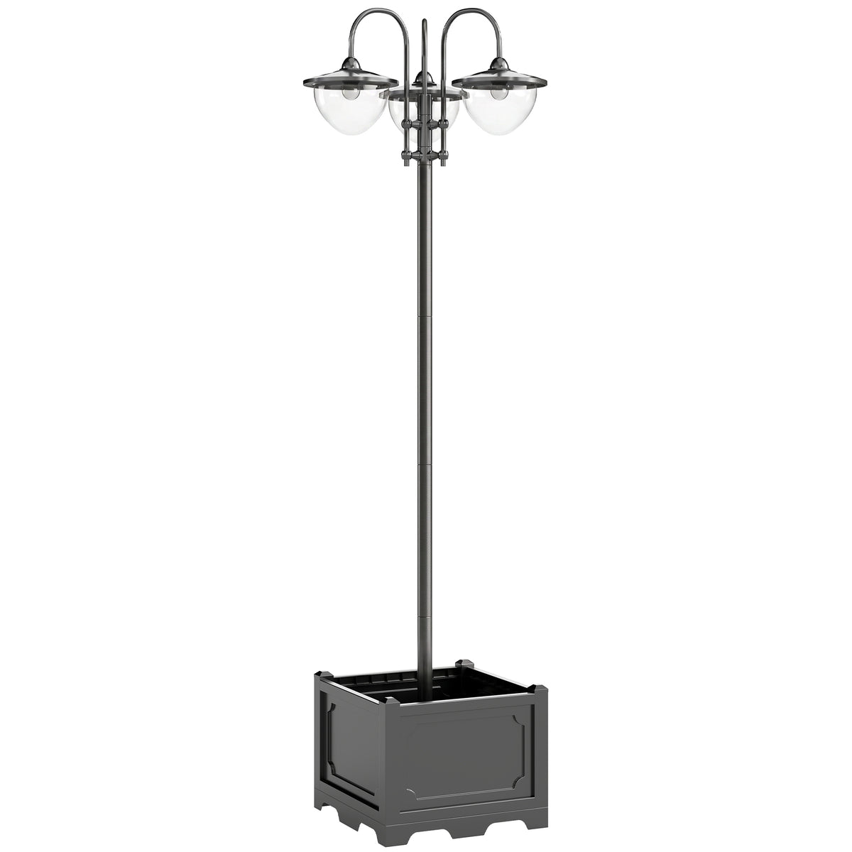 Outsunny 189cm 3-head Solar Lamp Post, Street Light with Planter, Automatic-on, 6 Hour Max Outdoor Ready LED Lighting, Black