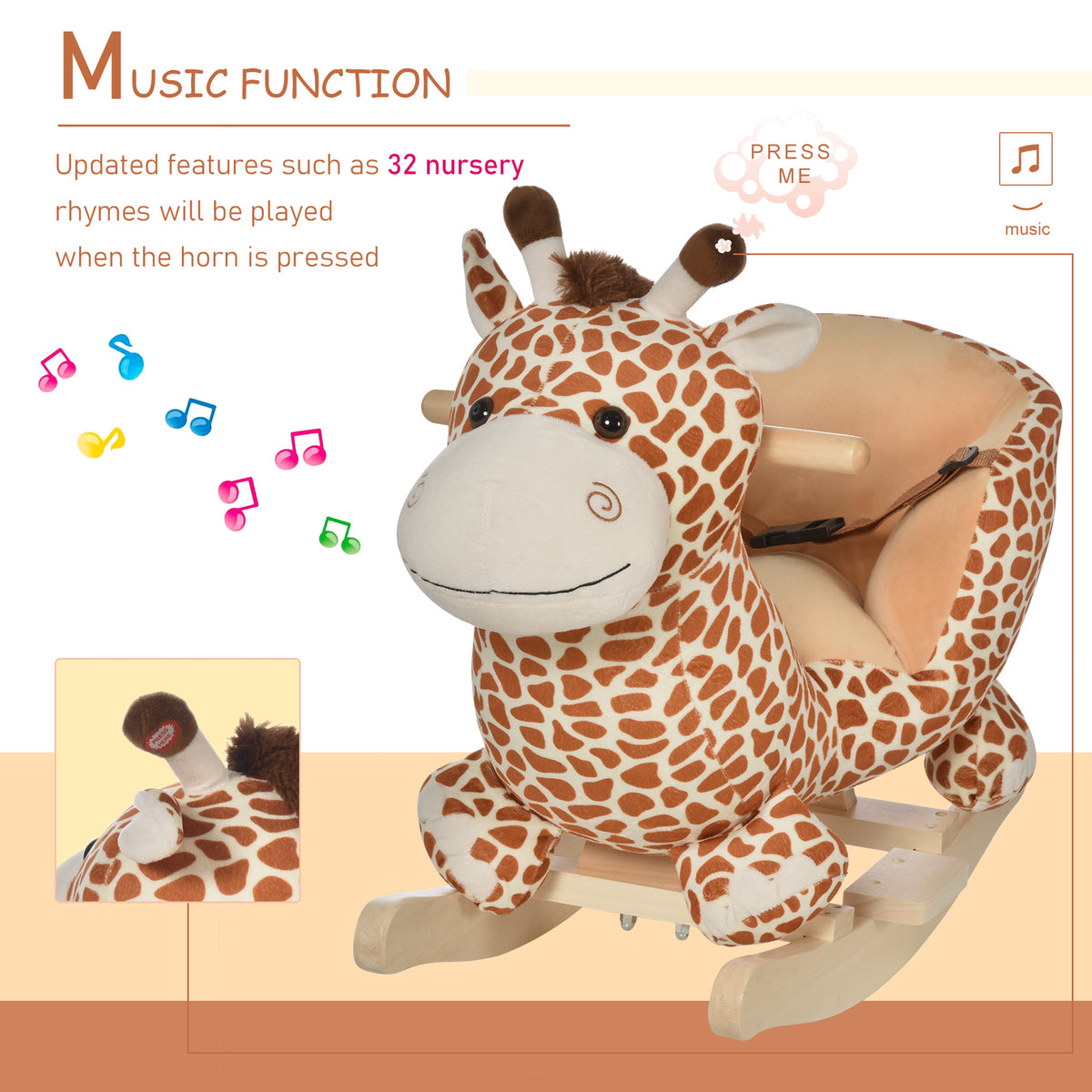 HOMCOM Kids Rocking Horse, Giraffe Plush Ride-On Toy with Music, Soft Touch & Seat Belt, Toddler Baby Gift for 18M+