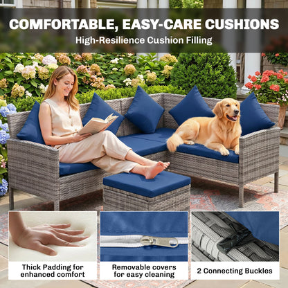Outsunny 5 Pieces Rattan Garden Furniture Set with Dining Table, Cushions - Dark Blue