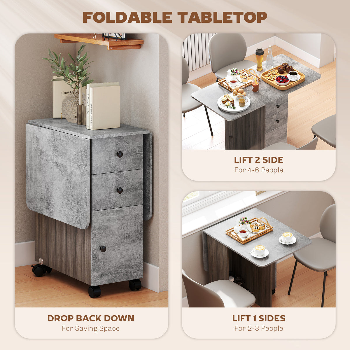 HOMCOM Multi-Storage Six-Person Drop Leaf Dining Table - Mixed Grey