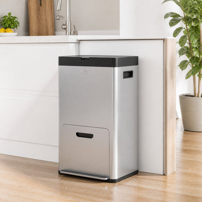 HOMCOM 56L Triple Compartment Stainless Steel Kitchen Bin, with Deodoriser Holders and Wheels - Silver Tone
