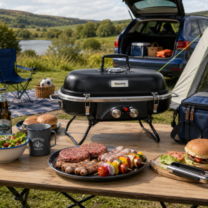 Outsunny Foldable Gas BBQ Grill 2 Burner Table Top Barbecue with Lid Piezo Ignition Thermometer for Camping Picnic Cooking, Aluminium Alloy