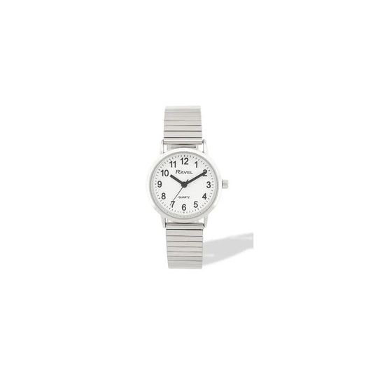 Ravel Ladies Basic Everyday White Dial Silver Stainless Steel Expander Bracelet Watch