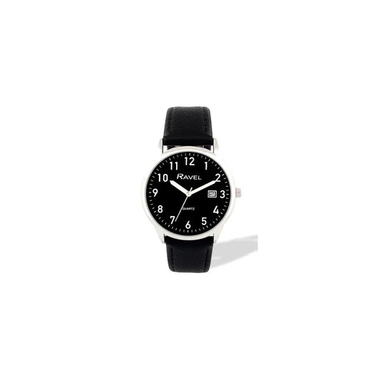 Ravel Mens Basic Silver case Dated Black Dial With Black Faux Leather Strap Watch