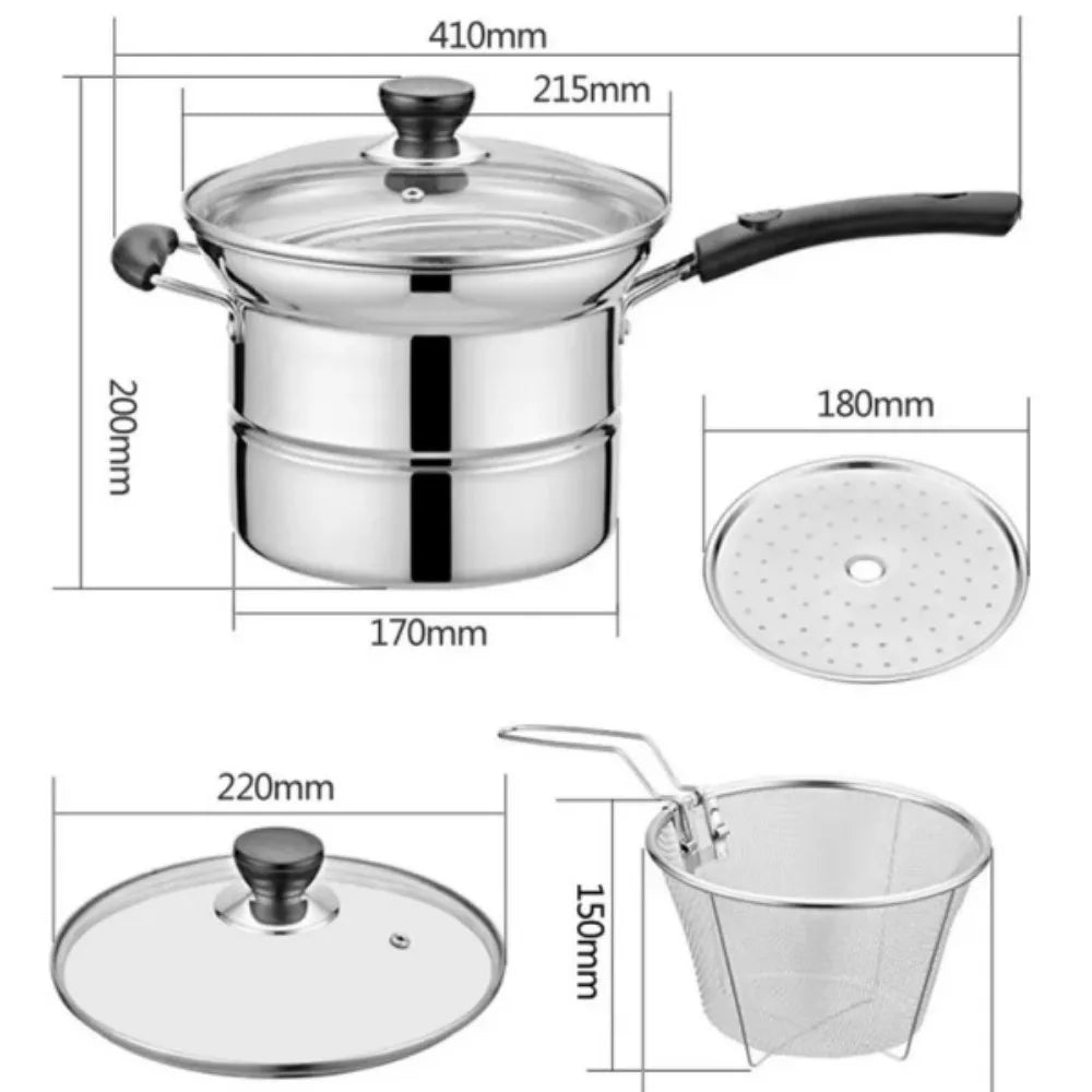 4pc Non Stick Chip Pan Deep Fat Fryer Cooking Noodle Soup Pot Frying Basket&Lid