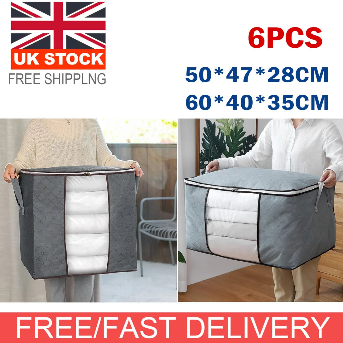 6 Pack 90L Storage Bags Zipped for Clothes, Bedding, Toys, Packing Moving Boxes-50*47*28 (vertical)