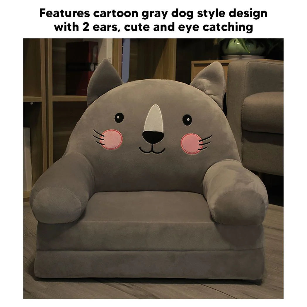 Toddler Chair Gray Cartoon Style Foldable Wide Handle Stable Backrest Breathable Baby Sofa for Home Bedroom 2 Layers