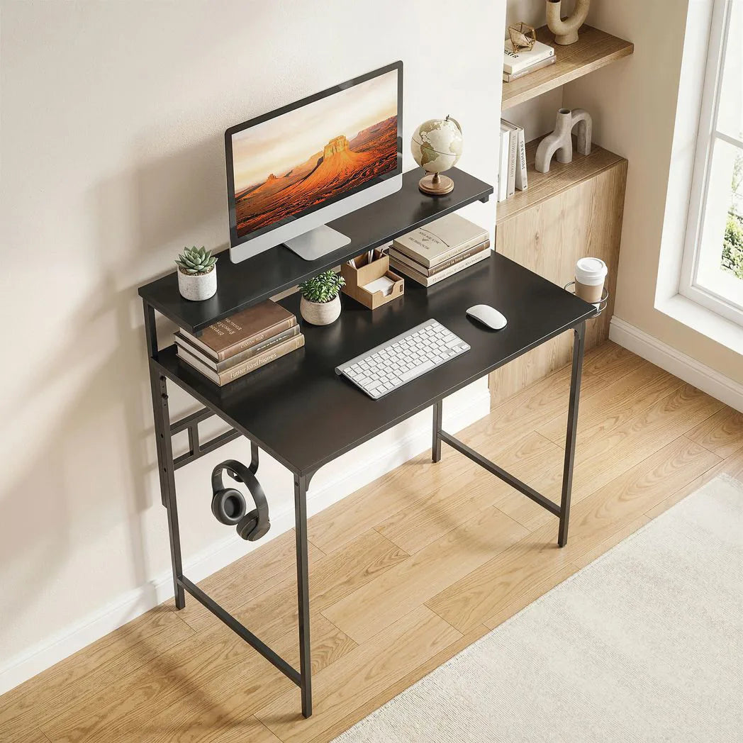 HOMCOM Computer Desk, 80cm Home Office Study Table with Hutch Shelf, Cup Holder, Headphone Hook, Black