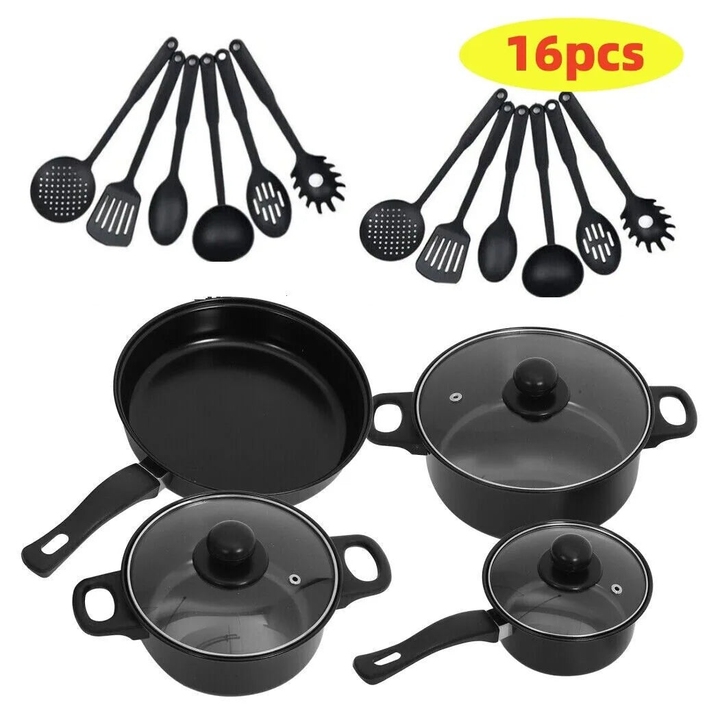 16 Piece Stainless Steel Cookware Saucepan Set Pan Pot Kitchen Cooking Glass Lid