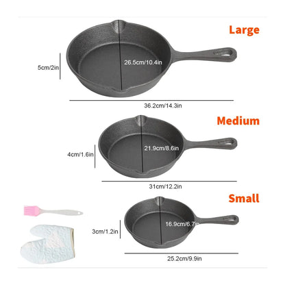 3x Cast Iron Non-Stick Skillet Griddle Frying Cooking Pan Fry Cooking Seasoned