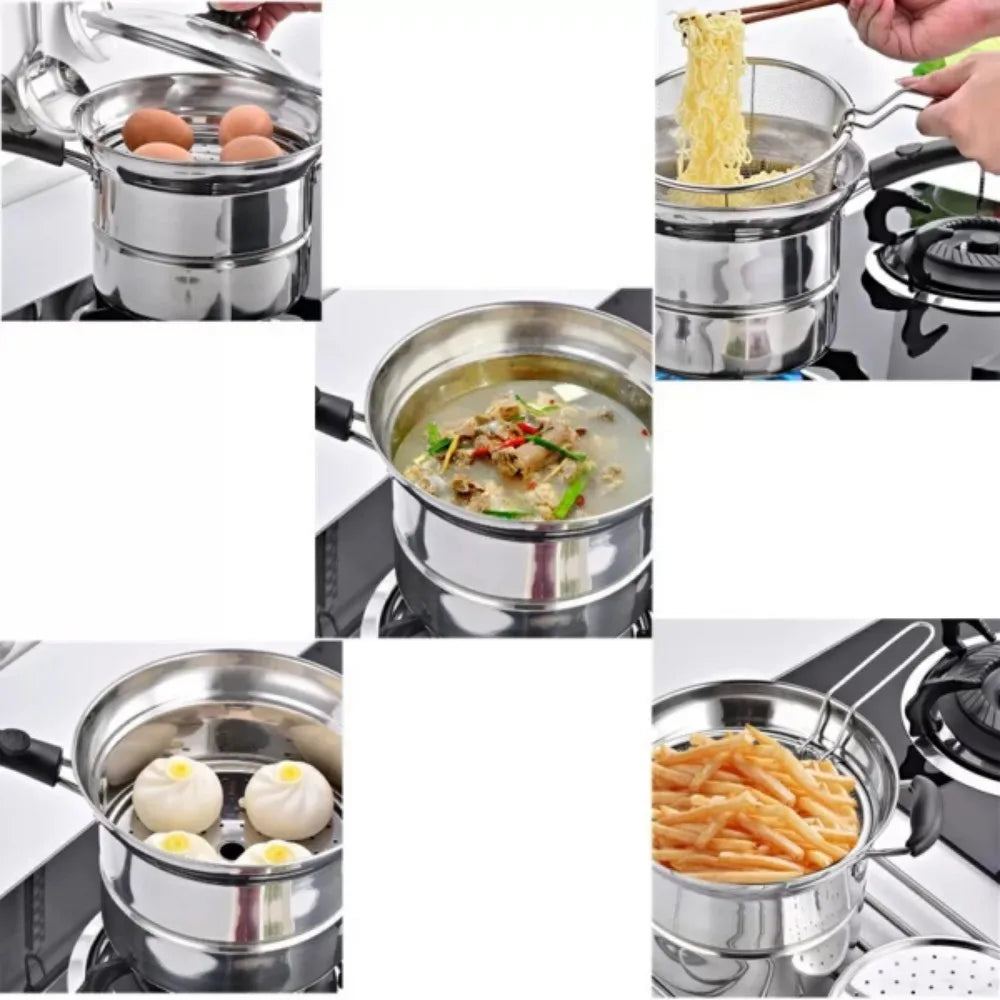 4pc Non Stick Chip Pan Deep Fat Fryer Cooking Noodle Soup Pot Frying Basket&Lid