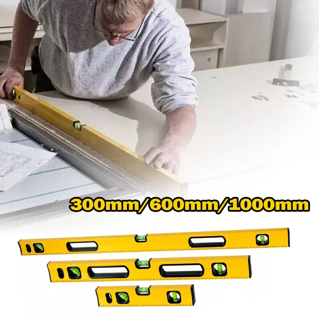 MAGNETIC 3 PIECE BUILDERS BUILDING SPIRIT LEVEL SET - 300, 600, 1000mm Yellow/Silver-Yellow + Pencil