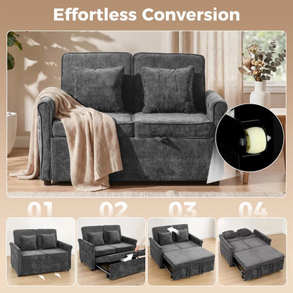 HOMCOM 2 Seater Sofa Bed 3-in-1 Convertible Chenille Pull Out Sleeper Sofa with 5-Position Adjustable Backrest, Grey
