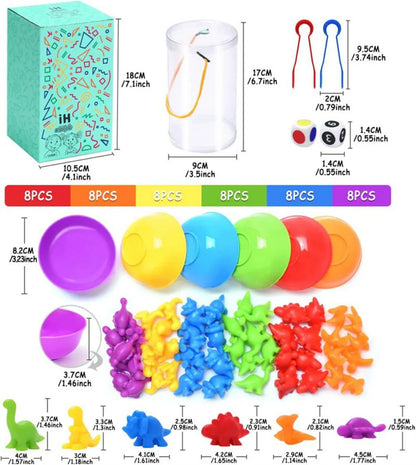 Montessori Toys 58 Pieces, Rainbow Counting Dinosaurs with Color Matching Cups
