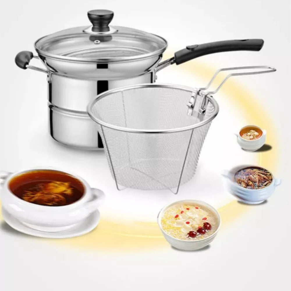 4pc Non Stick Chip Pan Deep Fat Fryer Cooking Noodle Soup Pot Frying Basket&Lid