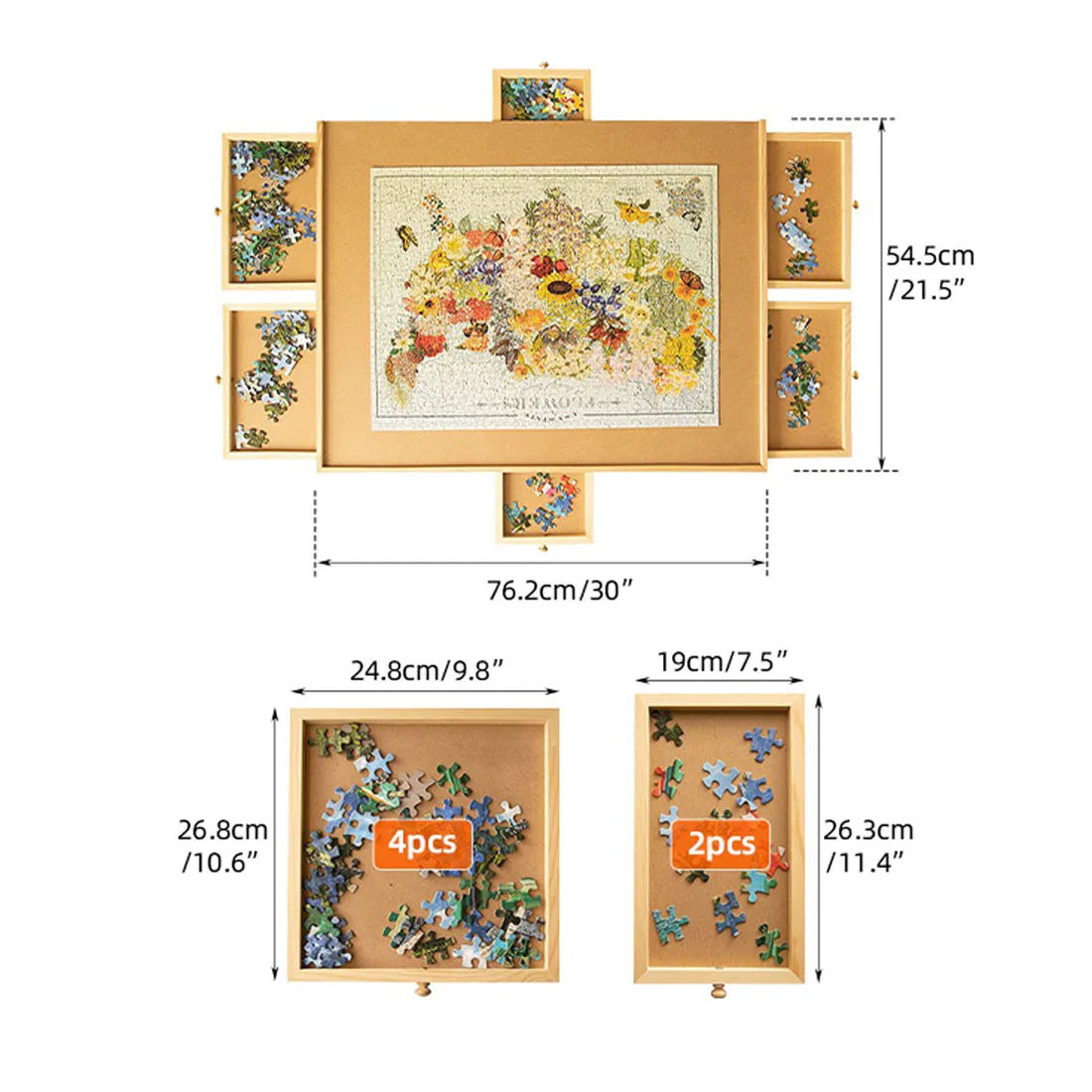 Wooden Jigsaw Puzzle Board Portable Puzzle Storage Table w 6 Slid Drawer 60pcs