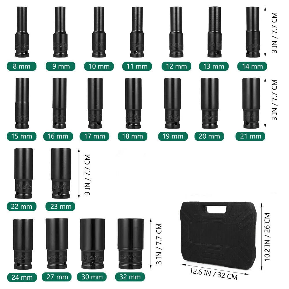 20pcs Deep Impact Socket Set 1/2 Inch Drive 6 Point Metric 8-32mm Heavy Duty UK