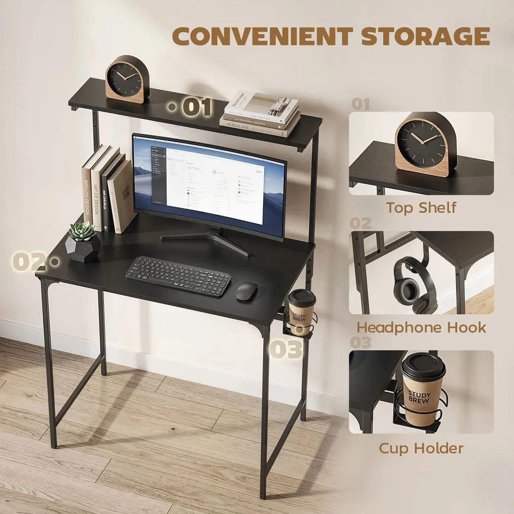 HOMCOM Computer Desk, 80cm Home Office Study Table with Hutch Shelf, Cup Holder, Headphone Hook, Black