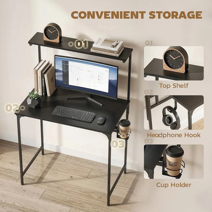 HOMCOM Computer Desk, 80cm Home Office Study Table with Hutch Shelf, Cup Holder, Headphone Hook, Black