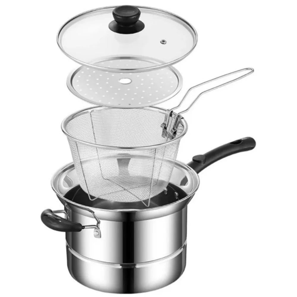 4pc Non Stick Chip Pan Deep Fat Fryer Cooking Noodle Soup Pot Frying Basket&Lid