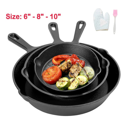 3x Cast Iron Non-Stick Skillet Griddle Frying Cooking Pan Fry Cooking Seasoned