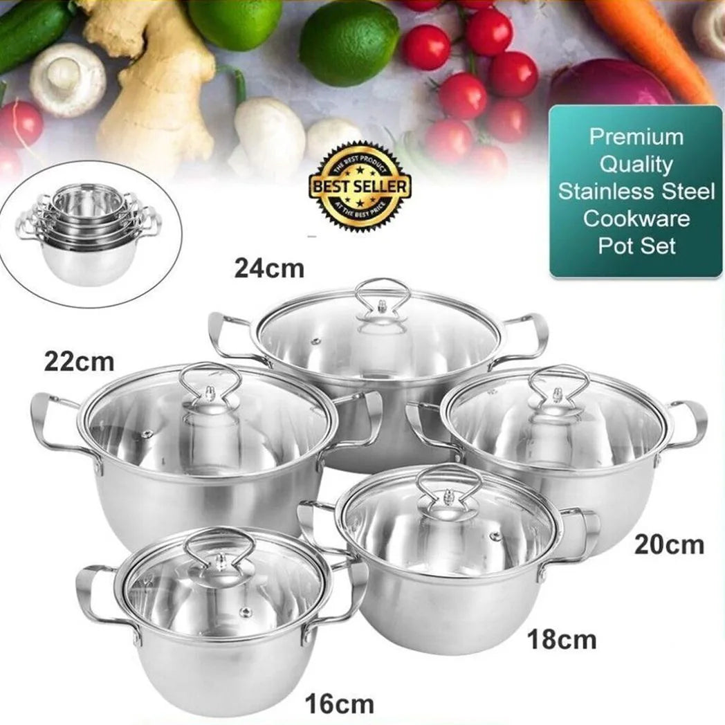 5PCS Induction Non Stick Stainless Steel Cookware Cooking Pot Pan With Lids Set