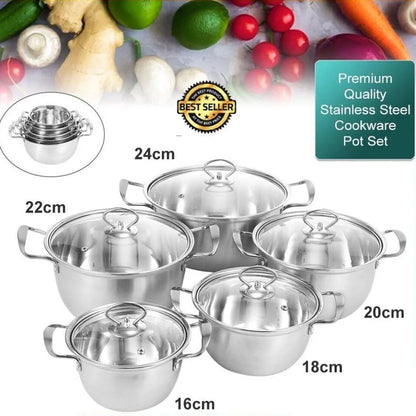 5PCS Induction Non Stick Stainless Steel Cookware Cooking Pot Pan With Lids Set