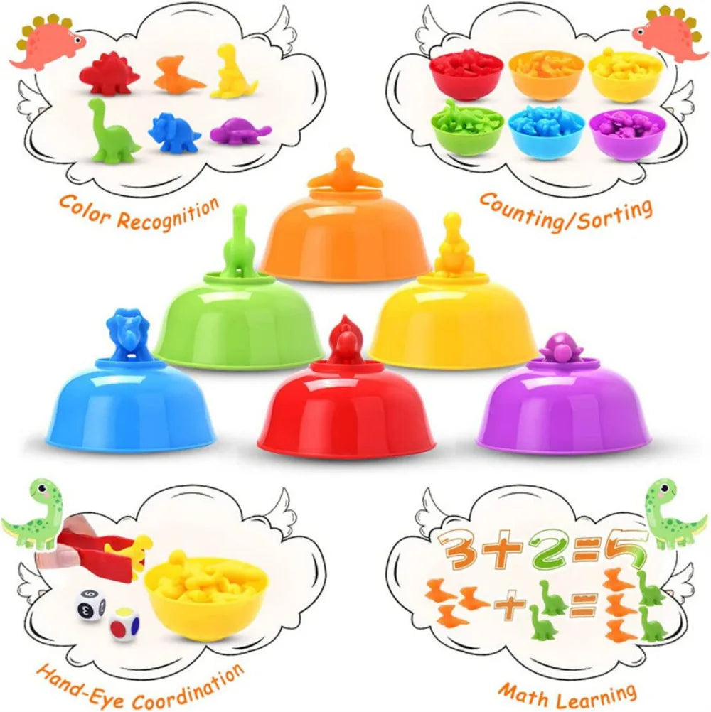 Montessori Toys 58 Pieces, Rainbow Counting Dinosaurs with Color Matching Cups