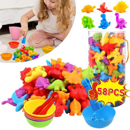 Montessori Toys 58 Pieces, Rainbow Counting Dinosaurs with Color Matching Cups