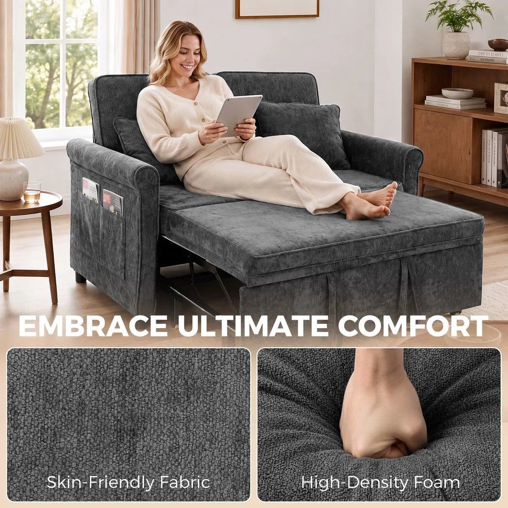 HOMCOM 2 Seater Sofa Bed 3-in-1 Convertible Chenille Pull Out Sleeper Sofa with 5-Position Adjustable Backrest, Grey
