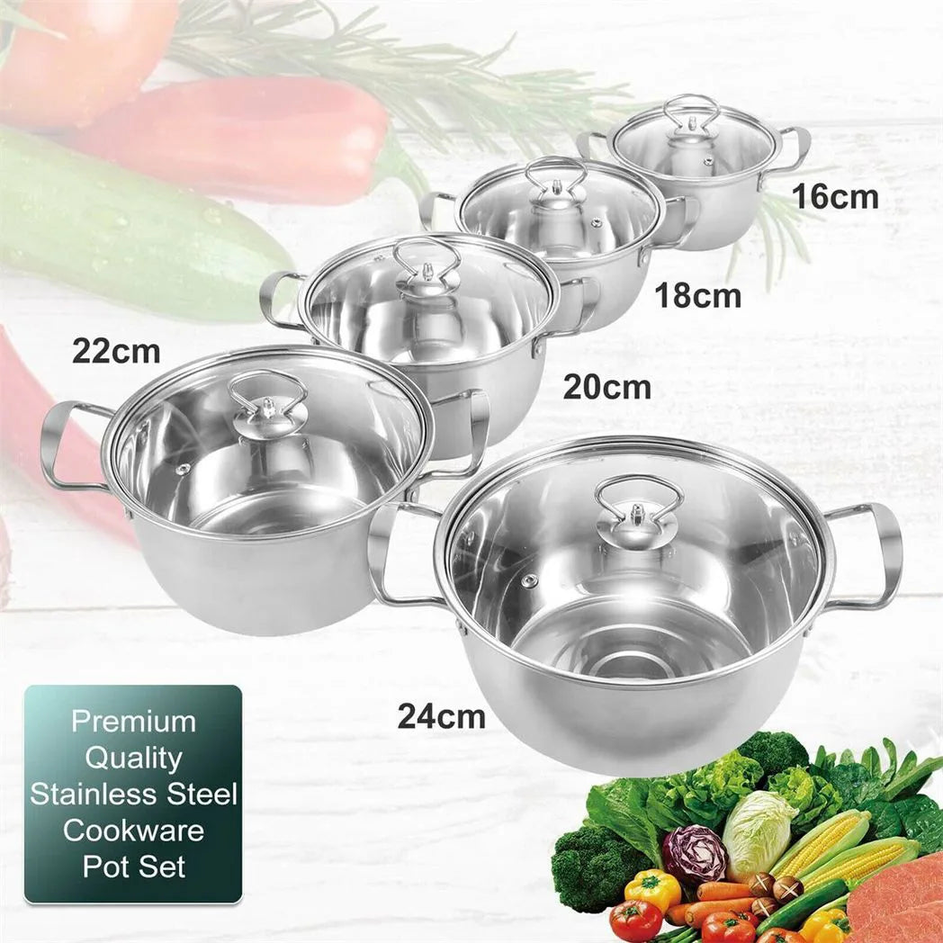 5PCS Induction Non Stick Stainless Steel Cookware Cooking Pot Pan With Lids Set