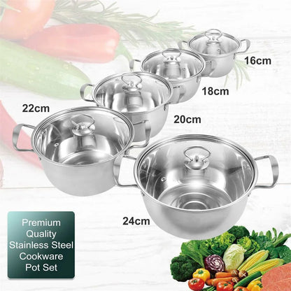 5PCS Induction Non Stick Stainless Steel Cookware Cooking Pot Pan With Lids Set