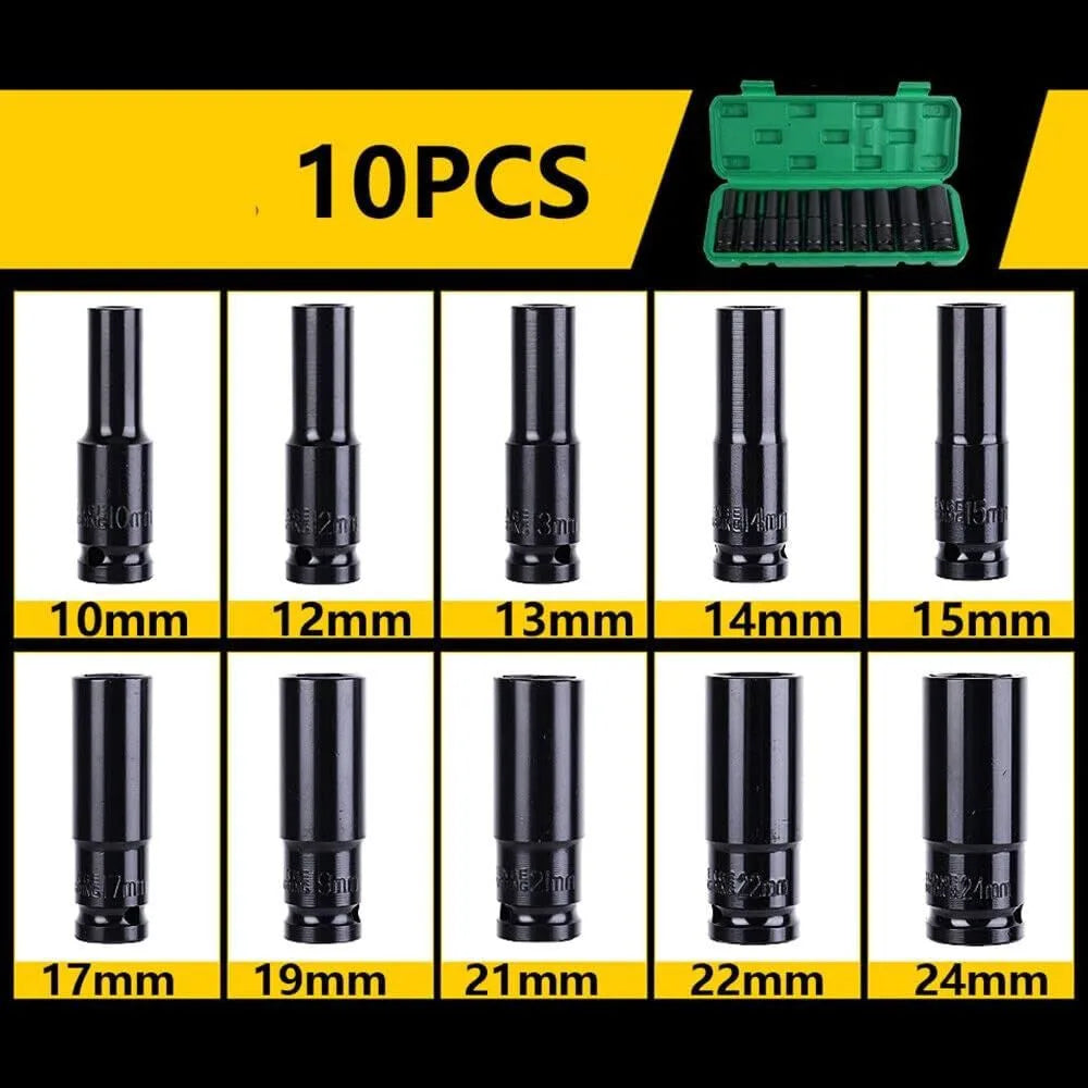 1/2" Deep Impact Socket Set Drive Long Reach Thin Wall 10 Metric Sockets 10-24mm
