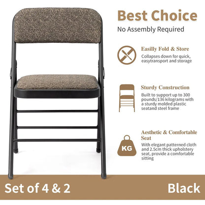 1 Pcs Folding Chair, Black Patterned Fabric Upholstered Event Chair, 18.1"×18.9"×29.9" Padded Seat & Back, Matte Steel Frame, Portable Foldable Chair for Office, Conference, Living Room, School