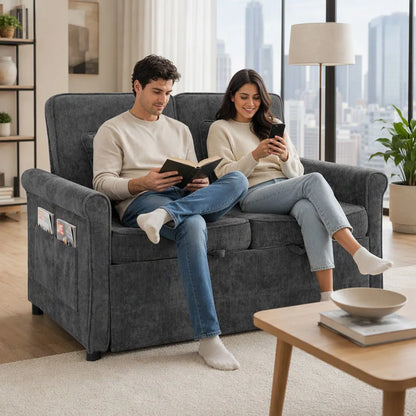 HOMCOM 2 Seater Sofa Bed 3-in-1 Convertible Chenille Pull Out Sleeper Sofa with 5-Position Adjustable Backrest, Grey