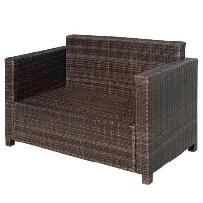 Outsunny Rattan Sofa, 2 Seater Garden Furniture with Soft Padded Cushion and Armrests, Wicker Garden Loveseat for Patio, Mixed Brown