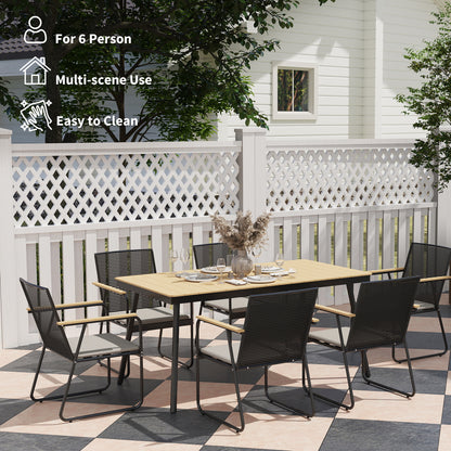 Outsunny 6‑Seater Garden Dining Set with Cushions, Rattan Backrest, Plastic Top, Garden Furniture Set, Natural Wood Finish