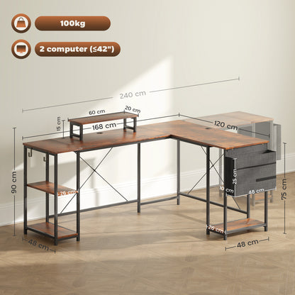 HOMCOM 168cm Reversible L Shaped Desk, Industrial Corner Computer Desk with Adjustable Shelf and Storage Bag, 240cm 2 Person PC Table with Monitor Stand, Rustic Brown