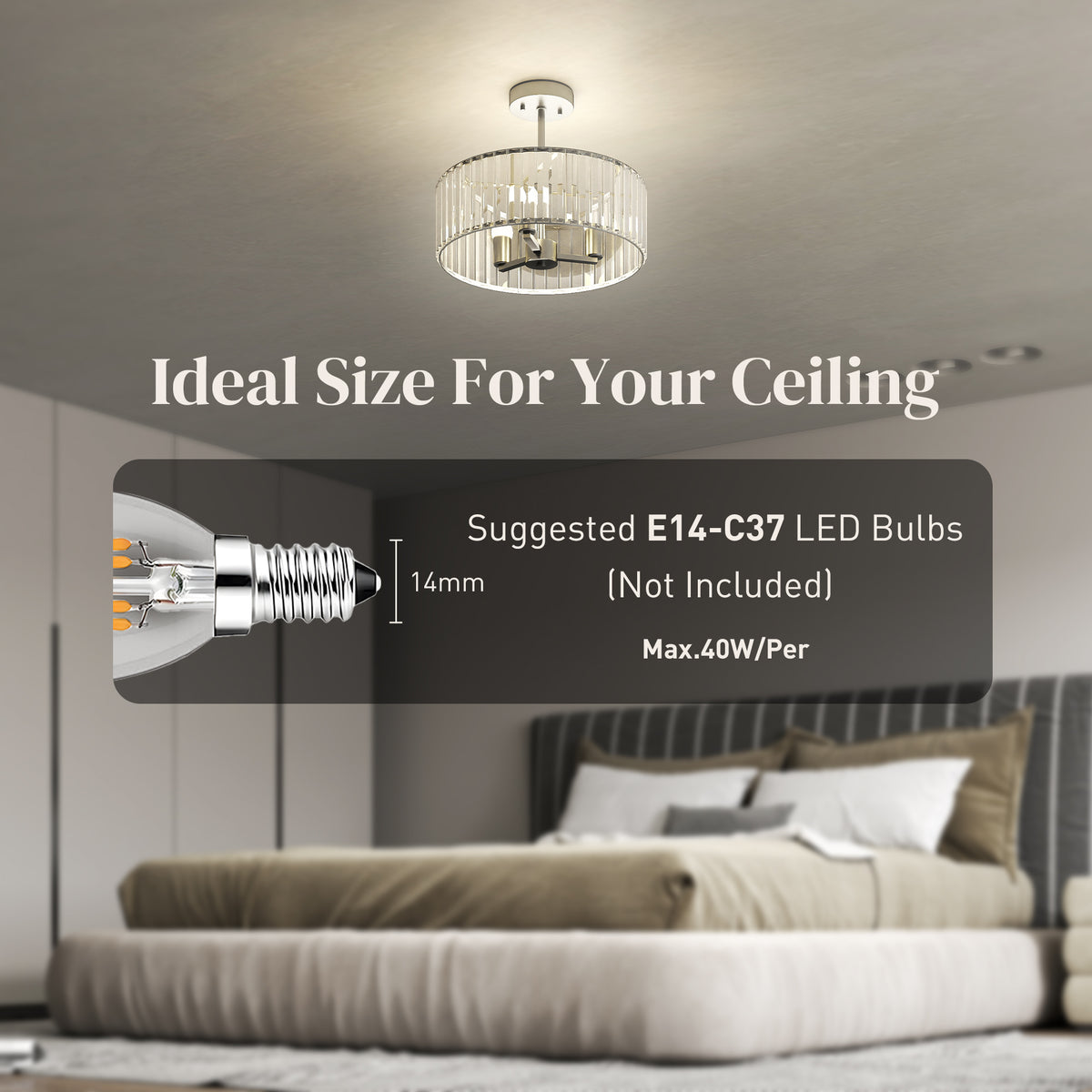 HOMCOM Crystal Ceiling Light Fixture, 39 cm Semi Flush Mount Modern Crystal Chandelier Ceiling Light for Living Room, Bedroom, Hallway, Dining Room, E14 Base 3-Lights, Bulbs Not Included, Silver Tone