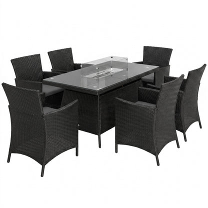 Outsunny 7 Pieces Outdoor Rattan Garden Furniture with Fire Pit Table, 6 Seater Garden Table and Chairs with Cushions, Rattan Dining Set with Propane Heater Table, Windscreen, 50,000 BTU, Black