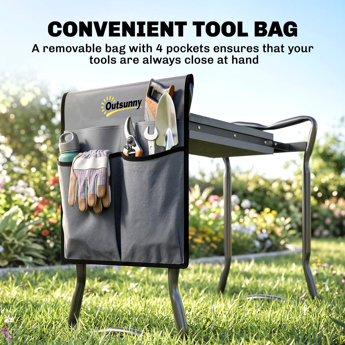 Outsunny Steel Frame Padded Garden Kneeler, with Tool Bag - Grey