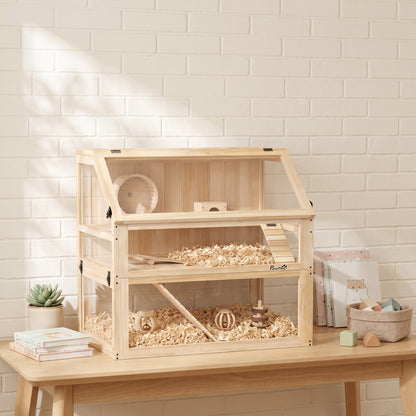 PawHut Wooden Hamster Cage with Detachable 31cm Deep Bottom, Hut, Seesaw, Exercise Wheel, Ramp, 80 x 50 x 76cm, Natural