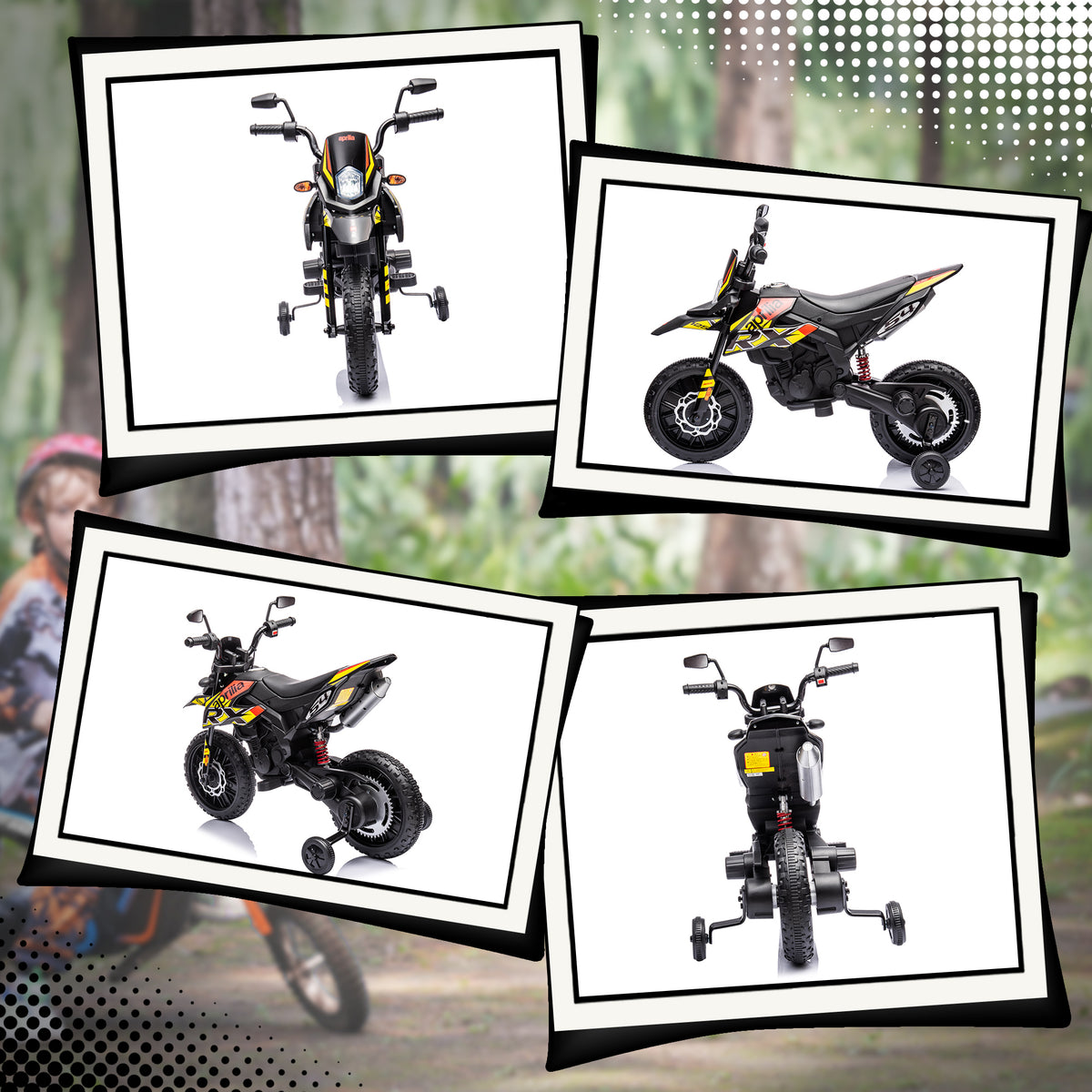 AIYAPLAY 12V Aprilia Licensed Kids Motorbike with Training Wheels, Spring Suspension, LED Headlight, USB, Music, Yellow/black