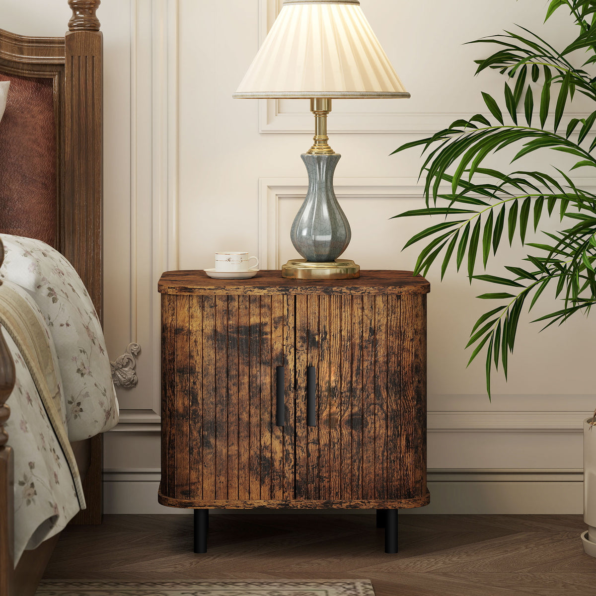 HOMCOM Nightstand with Sliding Doors and Metal Legs Rustic Brown