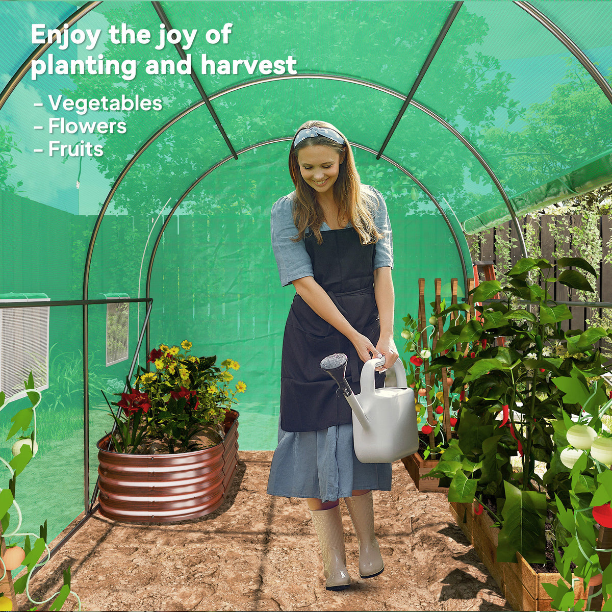 Outsunny 296 x 196cm Steel Frame Polytunnel Greenhouse - Green