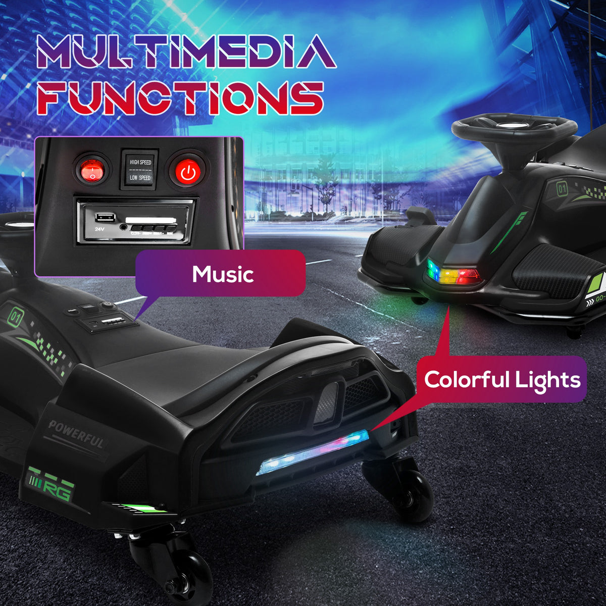 HOMCOM 12V Kids Electric Go Kart with Music, LED Lights, Slow Start, Black