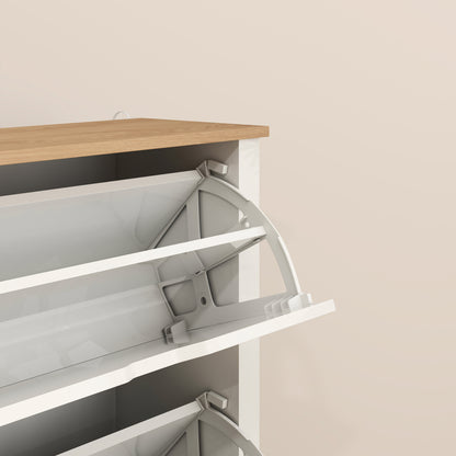 HOMCOM Slim Shoe Cabinet, Narrow Shoe Cupboard with 2 Flip Drawers, Adjustable Shelves for 12 Pairs of Shoes, High Gloss White
